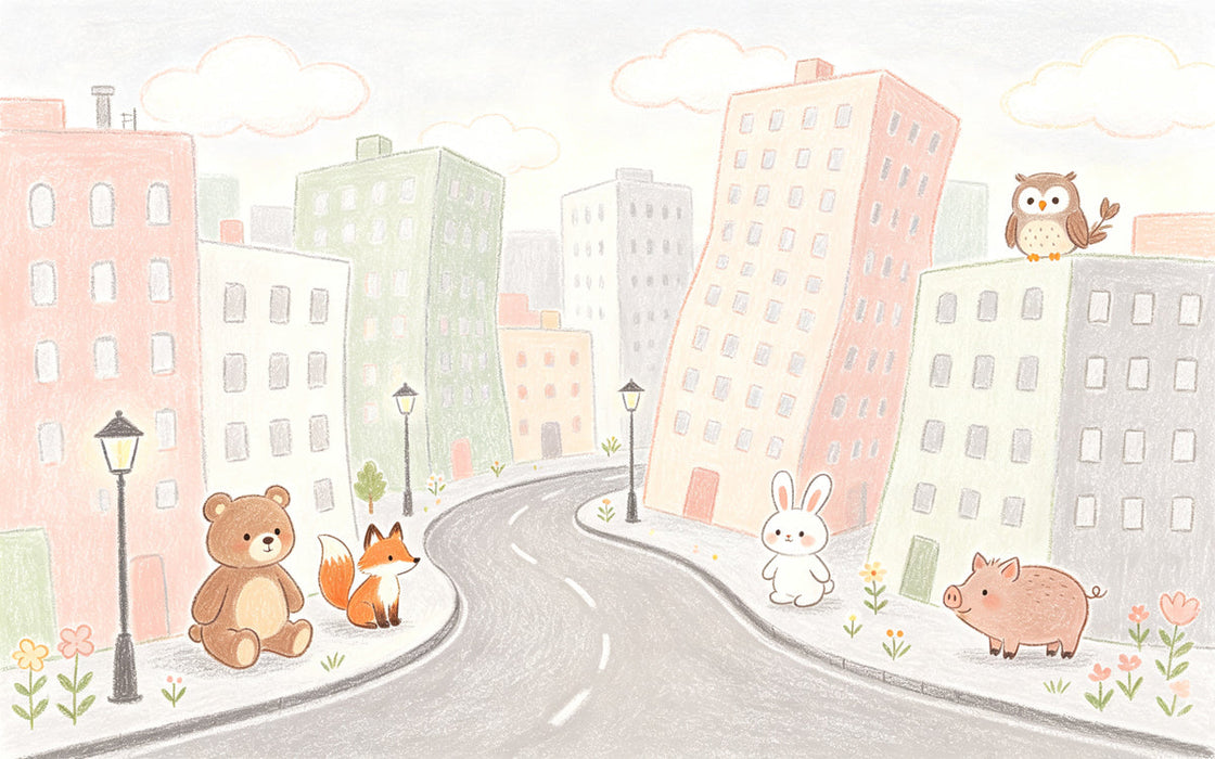Whimsical cityscape mural with crayon texture, featuring a bear, fox, rabbit, pig, and owl on a winding road.
