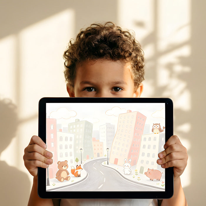 Playful nursery wall mural showing a cartoon animal city scene with pastel buildings and a winding street.
