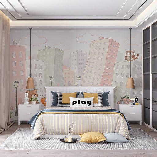 Modern bedroom decor with a colorful cityscape animal illustration wall covering and neutral carpet.