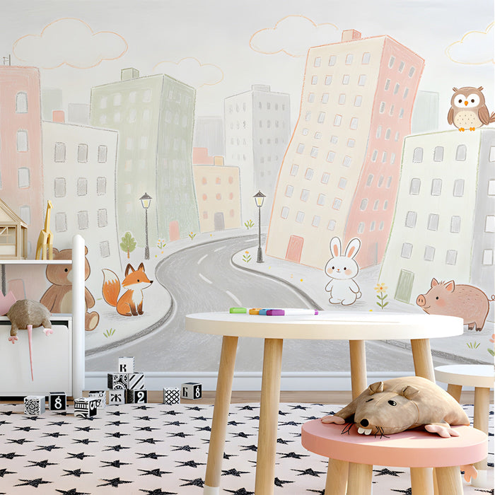 Children's playroom interior featuring a cute animal city wallpaper mural and light wooden furniture.