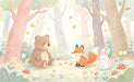 Whimsical illustration of a bear, fox, and rabbit in a crayon-textured forest with mushrooms and stars