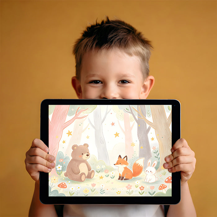 Playroom wall decorated with a soft-toned forest friend mural and wooden toy storage