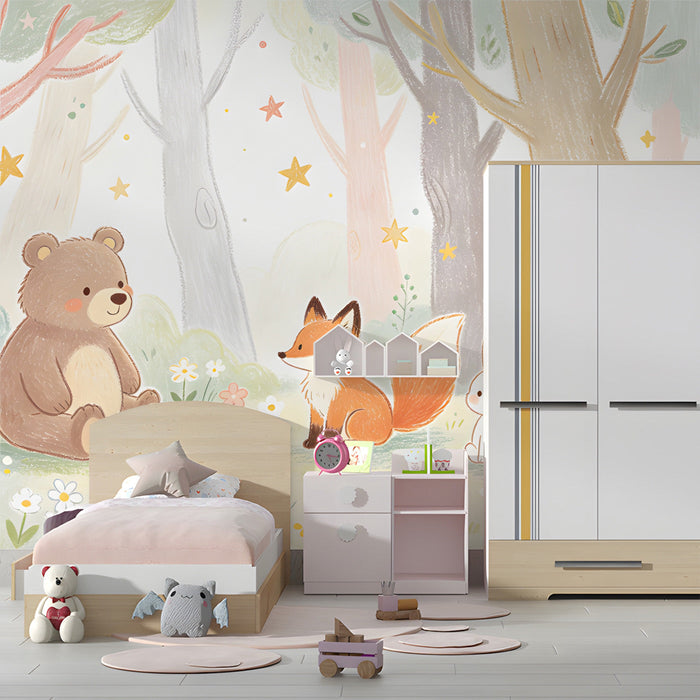 Cozy bedroom corner featuring storybook forest wallpaper with soft pink and sage green tones