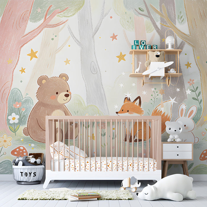 Nursery room featuring a cute woodland animal mural on the main wall behind a white crib