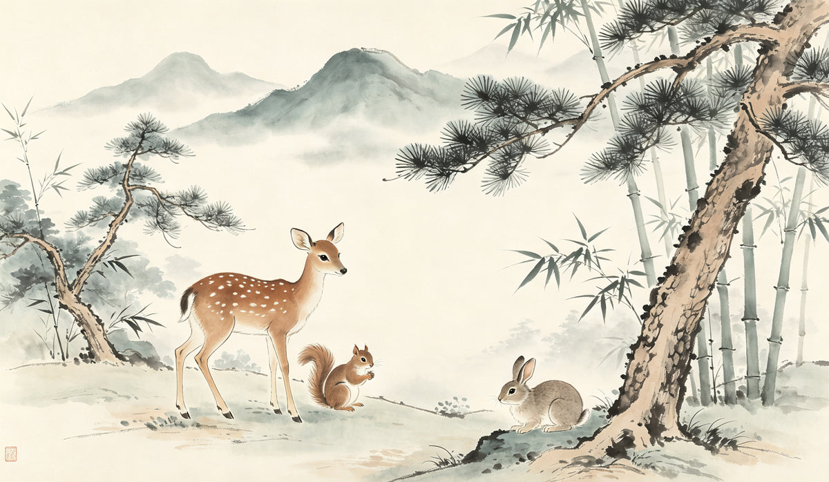 Traditional ink wash painting of a deer, squirrel, and rabbit in a misty bamboo forest.