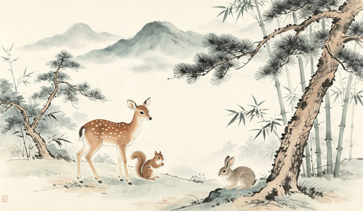 Traditional ink wash painting of a deer, squirrel, and rabbit in a misty bamboo forest.