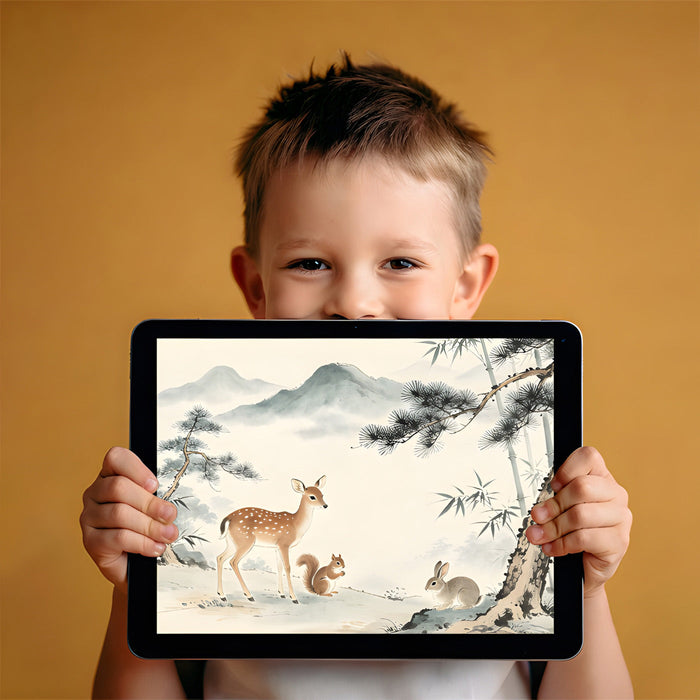 Living room interior featuring an oriental style wildlife wallpaper mural on a main wall.