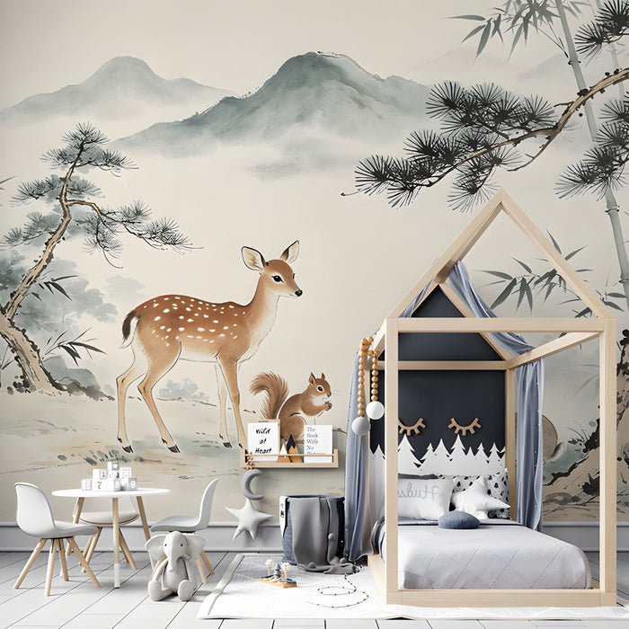 A quiet kid's room workspace decorated with a calming mist-covered mountain and forest mural.