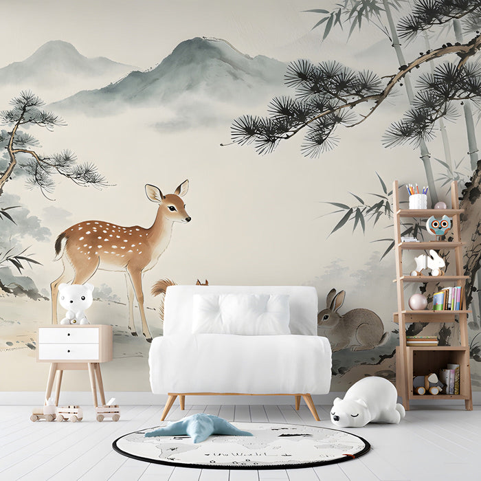 A peaceful nursery room wall covered in a soft ink wash forest mural with woodland animals.
