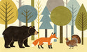 Graphic illustration of a black bear, fox, and quail in a stylized forest with ochre, green, and blue trees on cream background.