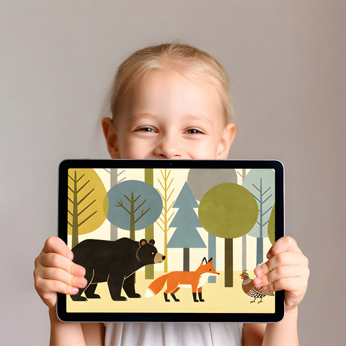 Modern playroom interior with a woodland creature wall mural, styled with simple light wood furniture.