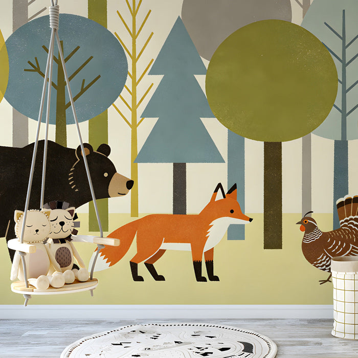Small nursery space featuring an earthy forest friends mural on the primary accent wall.
