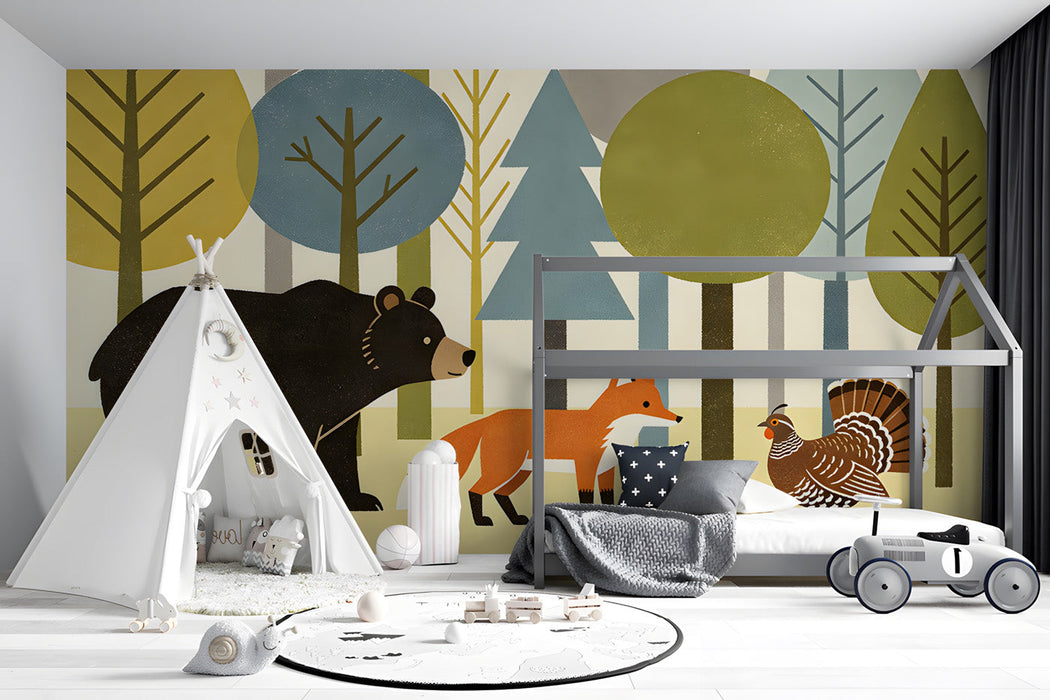 Children's bedroom featuring a playful forest animal mural with a bear and fox above a wooden crib.