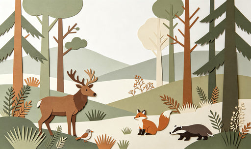 Layered paper-cut style mural featuring a deer, fox, badger, and stylized forest trees in sage, green, and terra cotta tones.