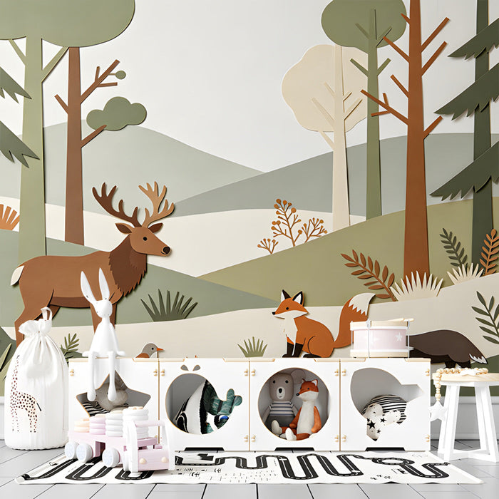 A whimsical playroom interior featuring a playful forest animal wallpaper mural.
