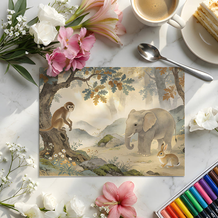 Whimsical forest wall mural in a bright child playroom setting