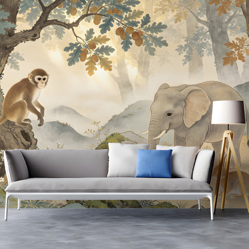 Safari animal scene wallpaper in an entryway with natural wood accents