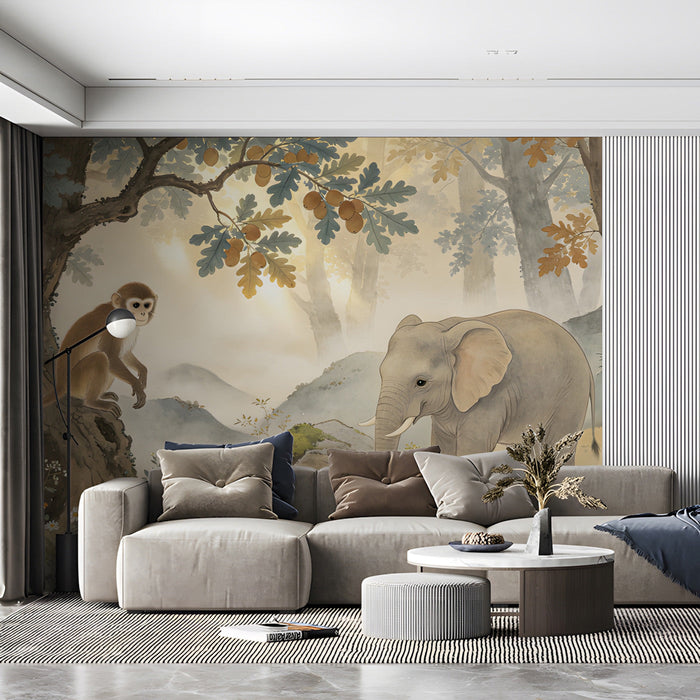 Safari animal wallpaper installed in a peaceful living room with wooden crib