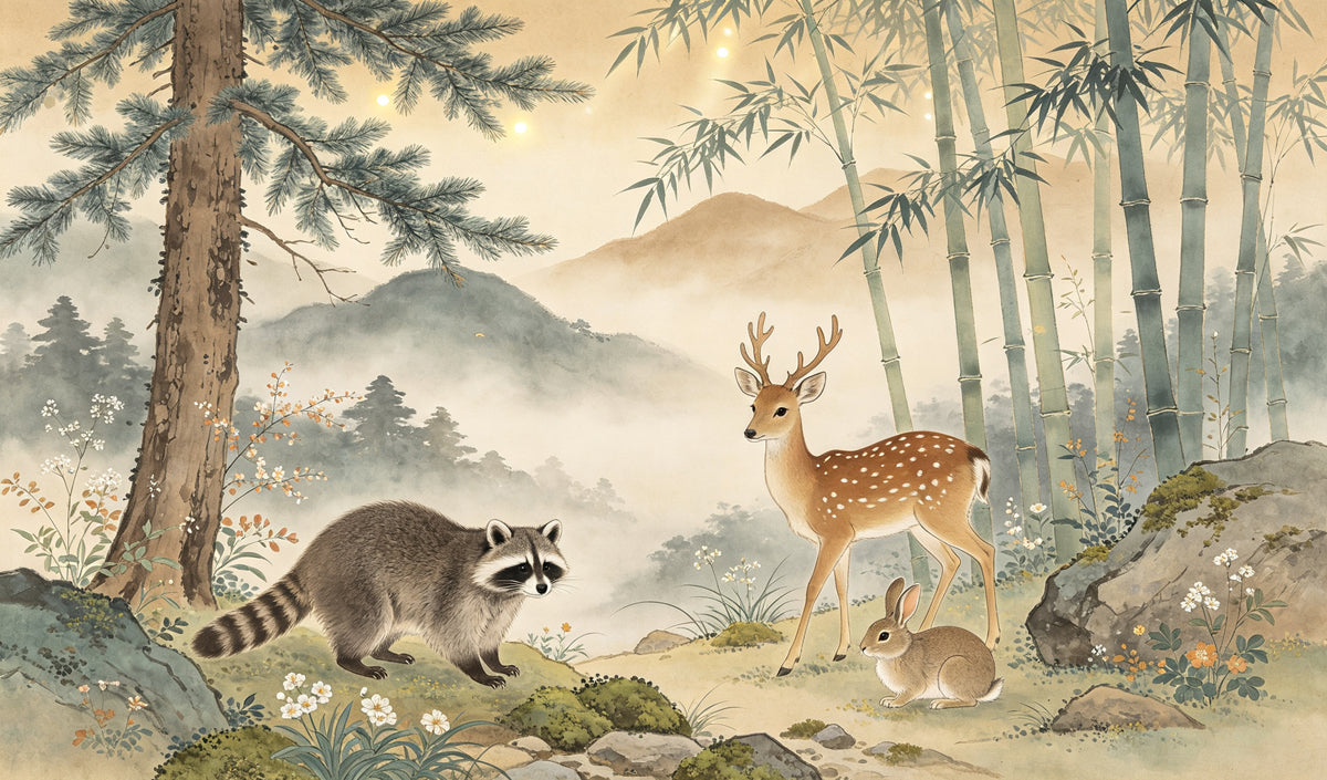 A tranquil mural featuring a deer, rabbit, and raccoon in a misty bamboo forest with warm beige and green tones.