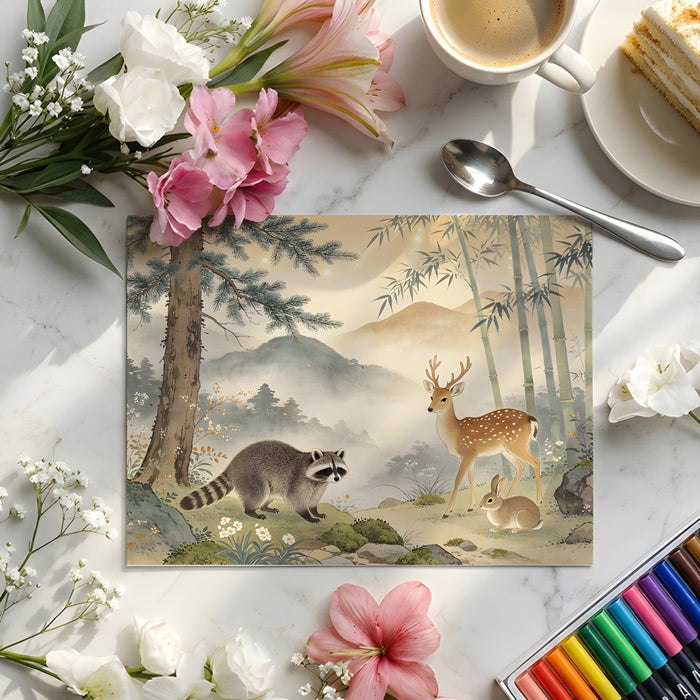 A soft-toned nursery room decorated with a whimsical animal and forest landscape wallpaper.