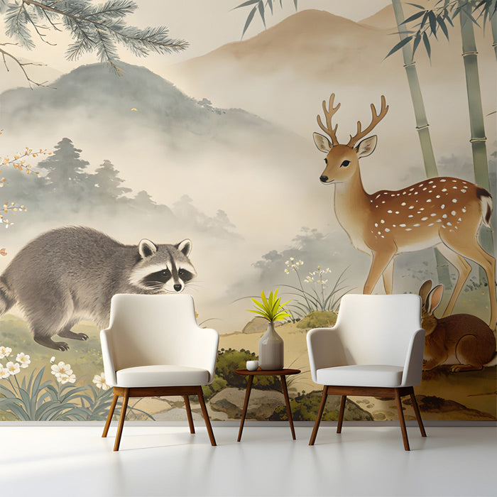 A quiet entryway space featuring a peaceful bamboo and woodland creature wall mural for a serene work environment.