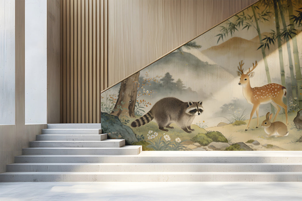 A calming entryway interior with a bamboo forest animal mural on the main wall behind a wooden bed frame.