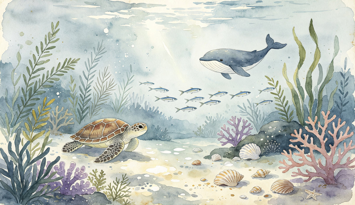 Watercolor underwater mural showing a sea turtle, a whale, coral, and shells in soft blues and sandy beige