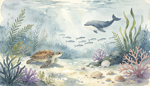 Watercolor underwater mural showing a sea turtle, a whale, coral, and shells in soft blues and sandy beige