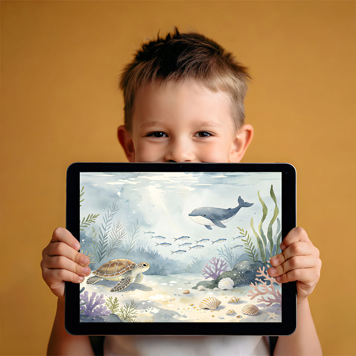 Watercolor ocean scene mural in a child's playroom with wooden toys and soft textiles