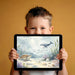 Watercolor ocean scene mural in a child's playroom with wooden toys and soft textiles