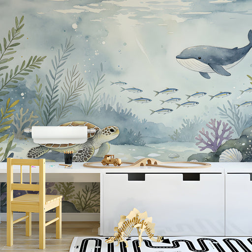 Whimsical marine life mural covering the wall in a calming study
