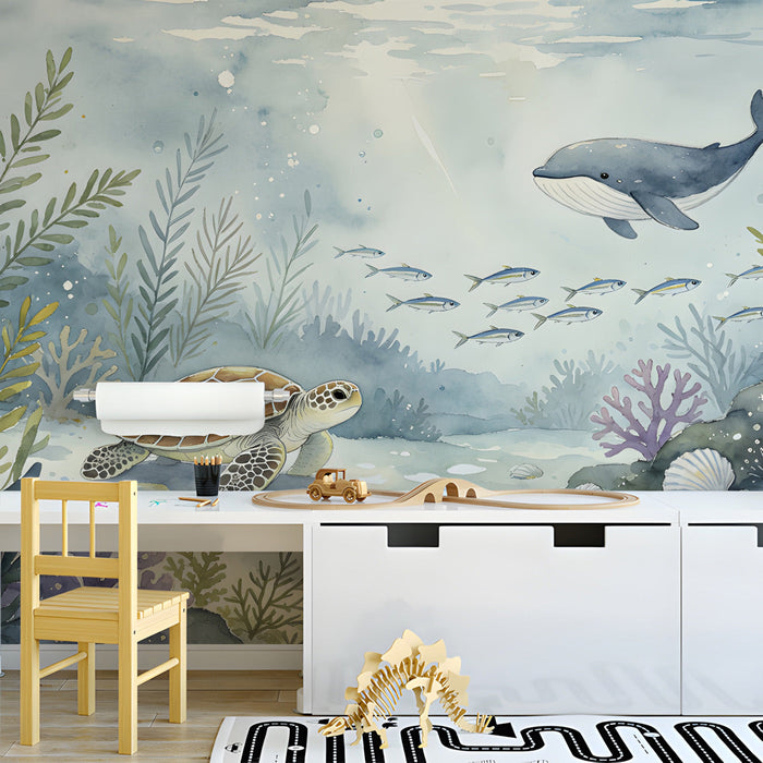 Whimsical marine life mural covering the wall in a calming study