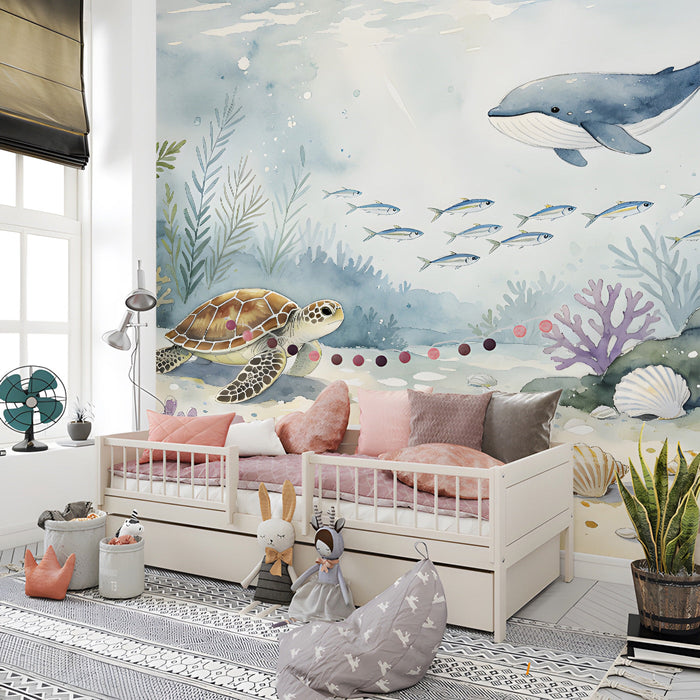 Underwater mural installed on a large wall in a serene bedroom with natural light
