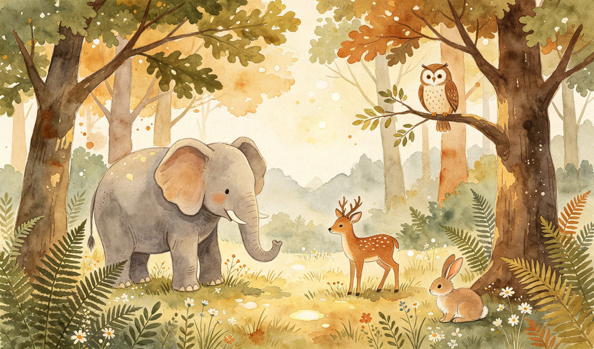 Watercolor forest mural showing an elephant, fawn, rabbit, and owl in a soft golden sunlit woodland