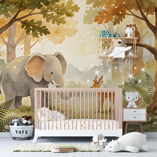 Illustrative animal forest wallpaper for a creative bedroom setting with warm lighting