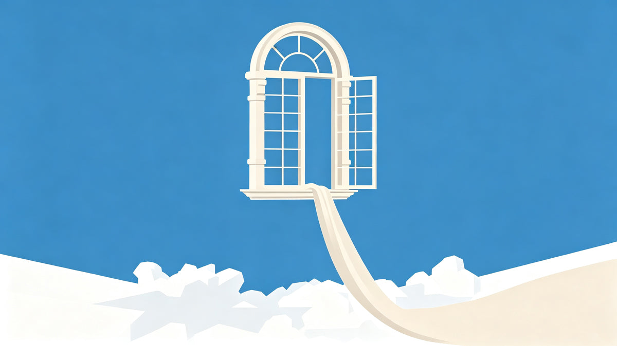 A surrealist mural wallpaper design featuring an arched white window floating in a bright cerulean blue sky with clouds below.