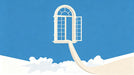 A surrealist mural wallpaper design featuring an arched white window floating in a bright cerulean blue sky with clouds below.