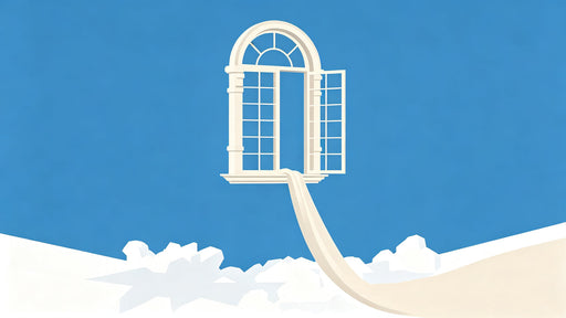 A surrealist mural wallpaper design featuring an arched white window floating in a bright cerulean blue sky with clouds below.