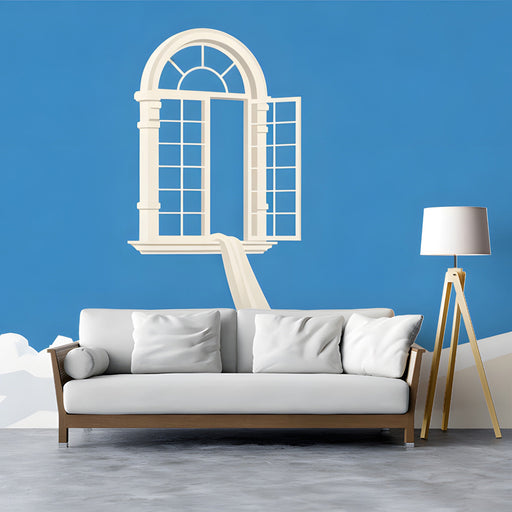 A serene home office with the surreal window mural, providing an expansive and calm visual backdrop for deep work.