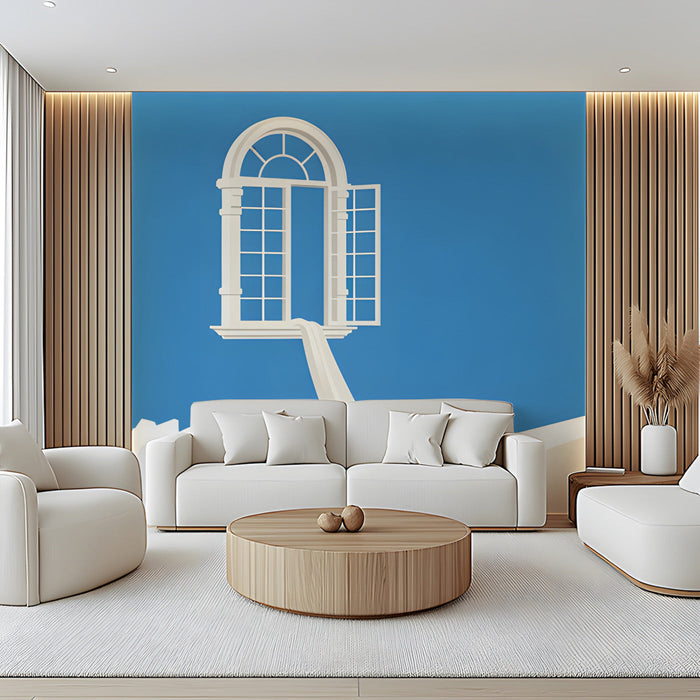 A bright, airy living room featuring the floating window mural as a focal point above a minimalist beige sofa.