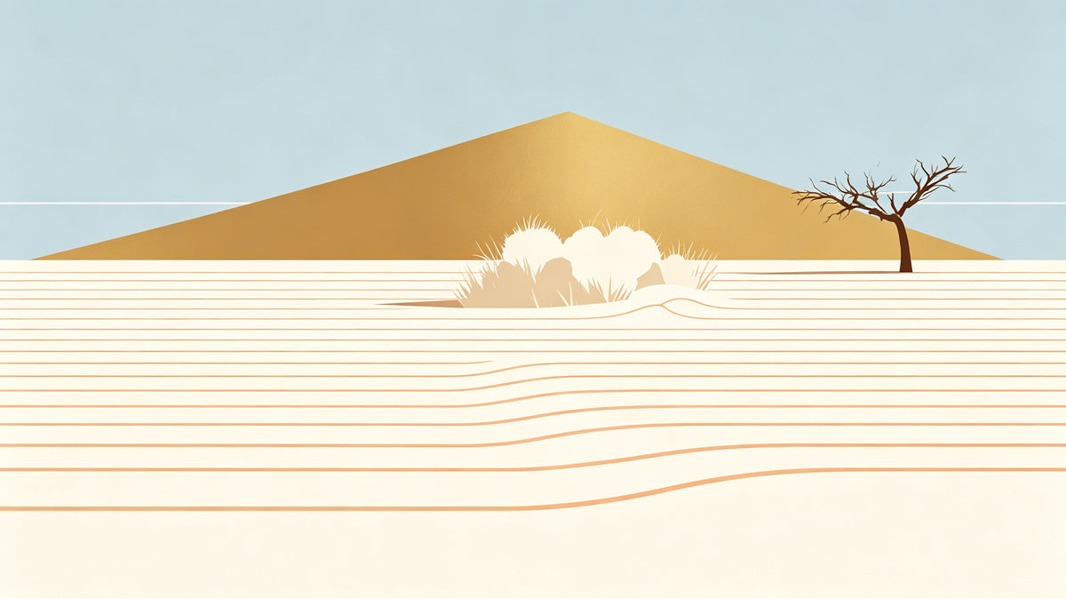 Minimalist desert mural with ochre dune, pale blue sky, and a small silhouette tree.