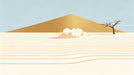 Minimalist desert mural with ochre dune, pale blue sky, and a small silhouette tree.