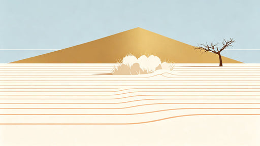 Minimalist desert mural with ochre dune, pale blue sky, and a small silhouette tree.