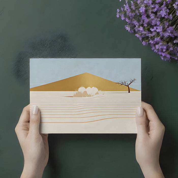 Home office wall showing a zen desert landscape mural for a calm working environment.