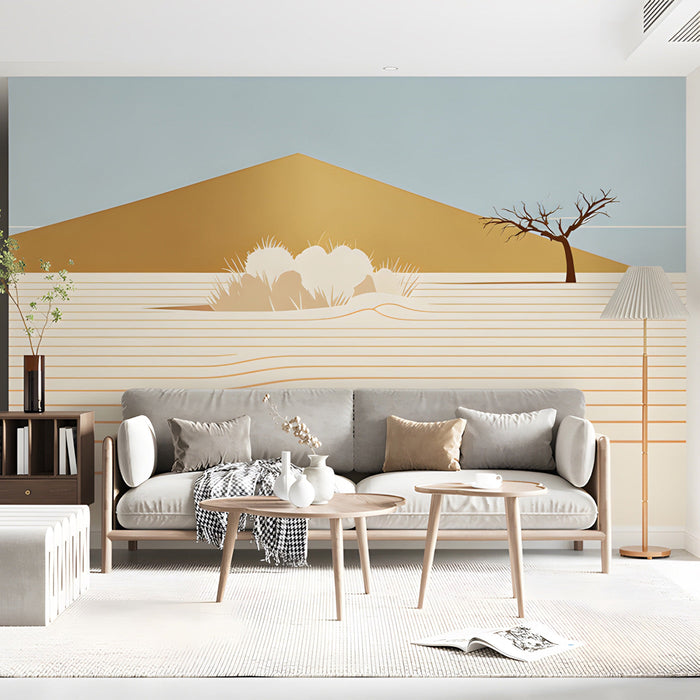 Living room featuring a serene desert dune mural as a peaceful headboard feature wall.