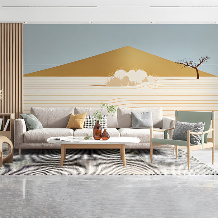 Living room featuring a minimalist desert horizon mural behind a low-profile linen sofa.