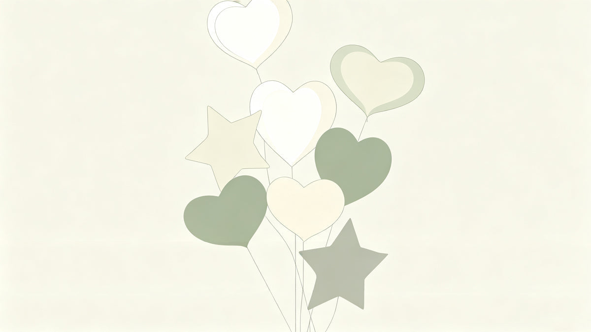 A clean, minimalist pattern of sage green, cream, and oatmeal hearts and stars on a light off-white background.