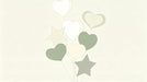 A clean, minimalist pattern of sage green, cream, and oatmeal hearts and stars on a light off-white background.