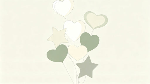 A clean, minimalist pattern of sage green, cream, and oatmeal hearts and stars on a light off-white background.