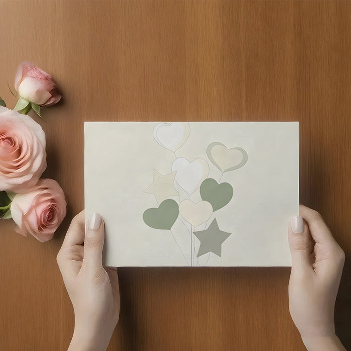 A minimalist bedroom wall featuring the soft sage heart and star pattern behind a light wood headboard.